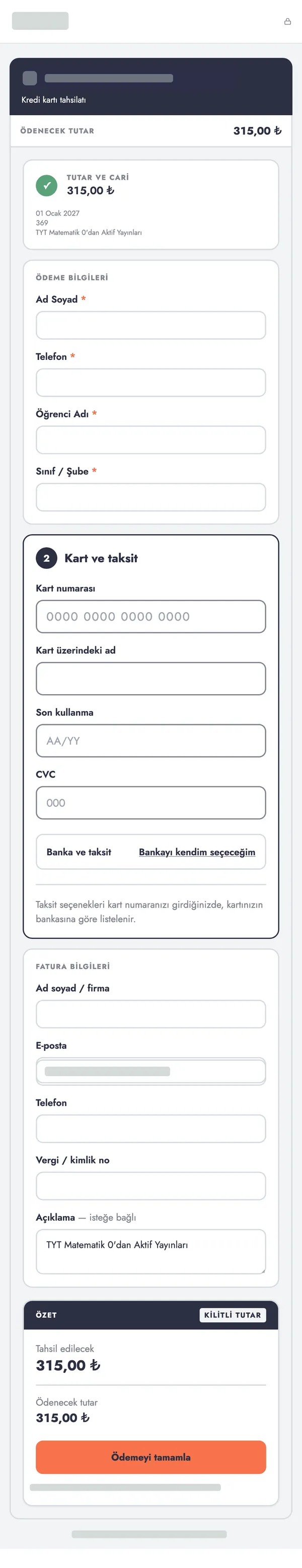 Ödeyenin telefonunda açılan ödeme sayfası: ödenecek tutar, ödeme bilgileri, kart ve taksit, özet ve Ödemeyi tamamla düğmesi (firma adı ve logosu maskeli)